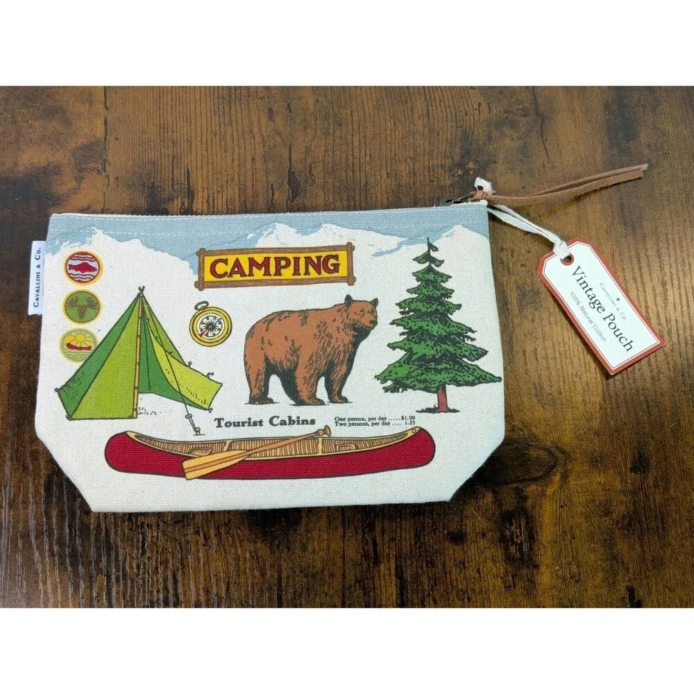 Cavallini & Co Vintage Camping Pouch Canvas Zipper Bag Bear Canoe National Parks